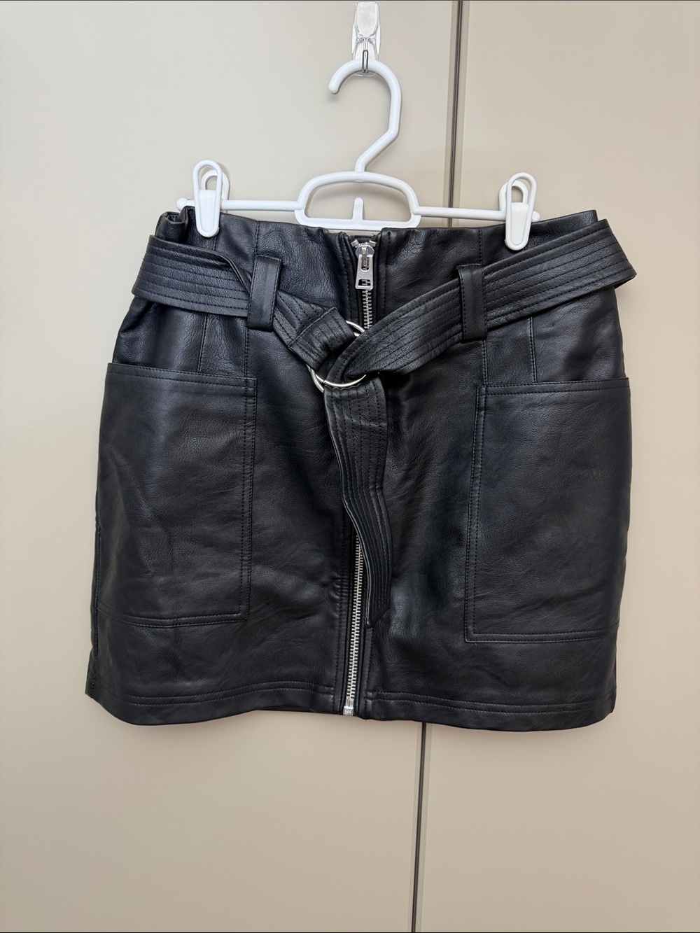 Black Faux Leather Front-Zip Mini Skirt with Belt